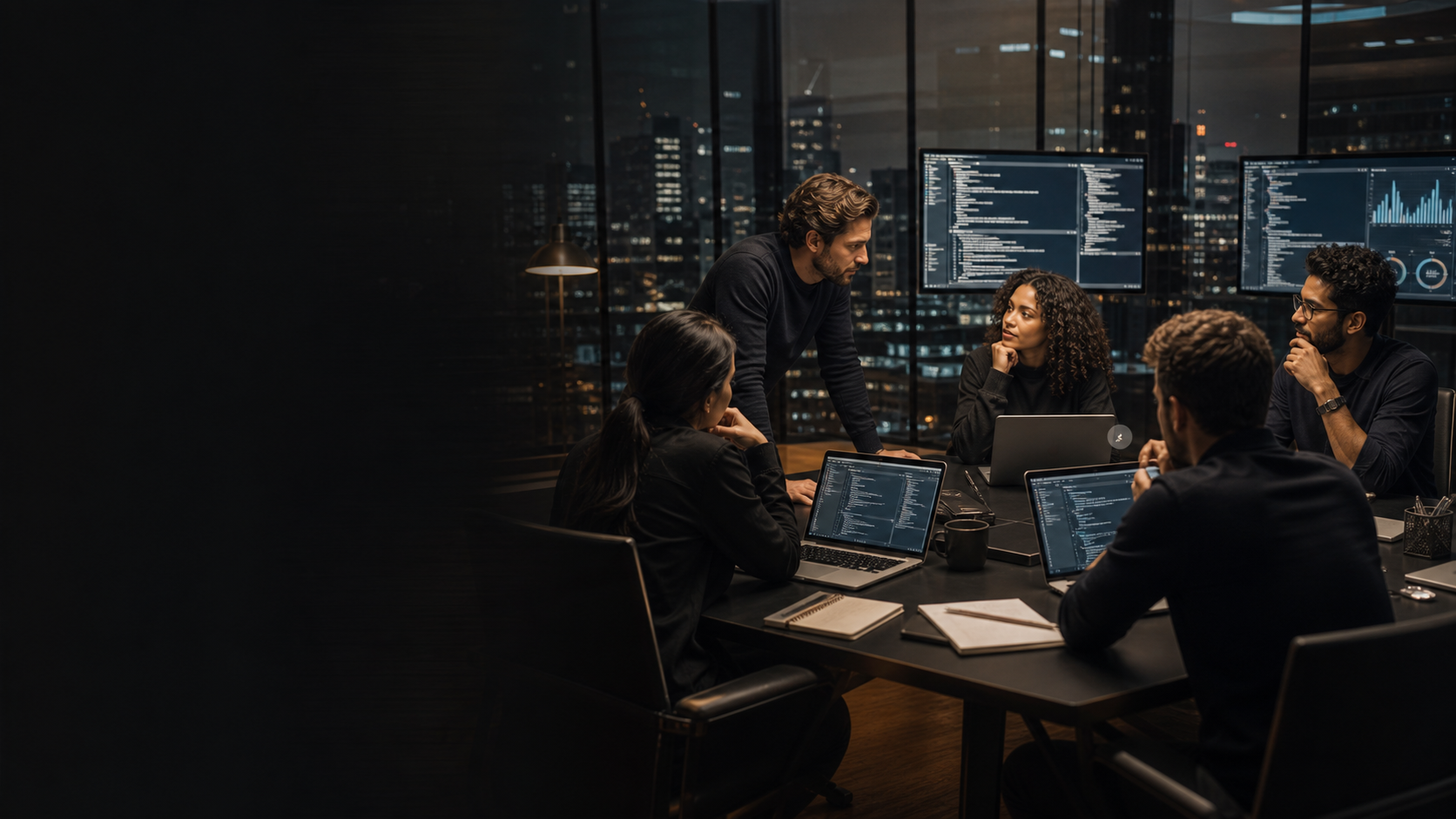 Senior AI and software team collaborating in a modern engineering workspace